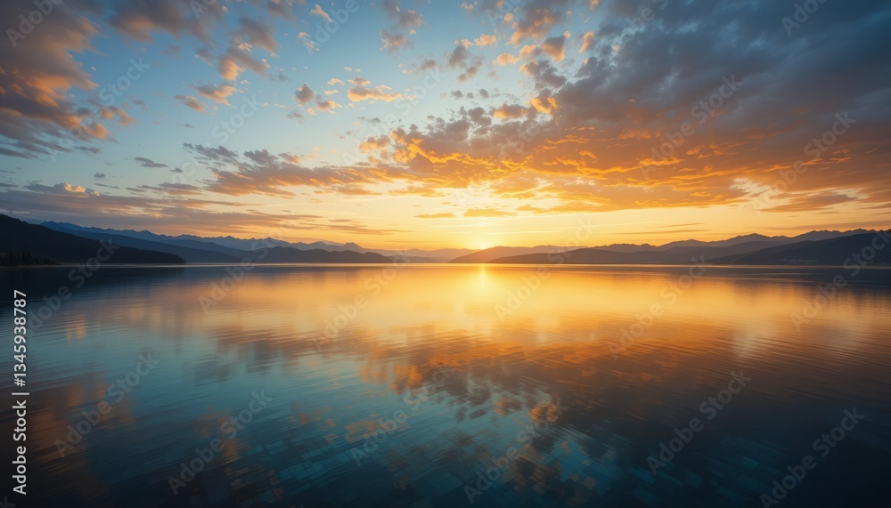 Obraz premium A beautiful sunrise over tranquil lake reflecting sky colors perfectly