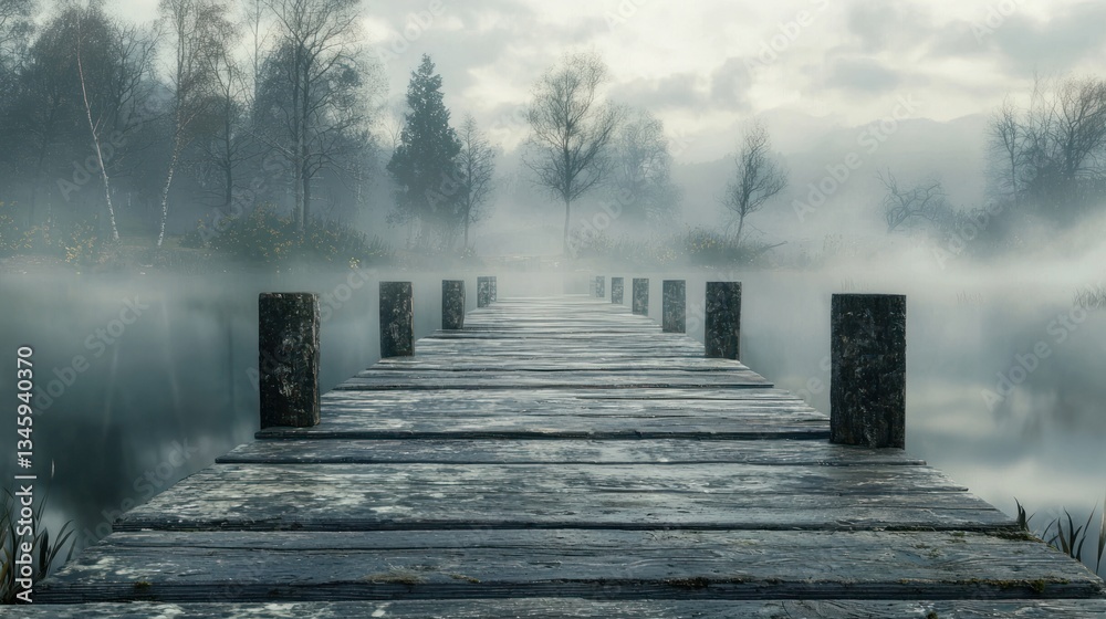 Obraz premium Misty Morning on the Lake: A Serene Wooden Dock Beckons