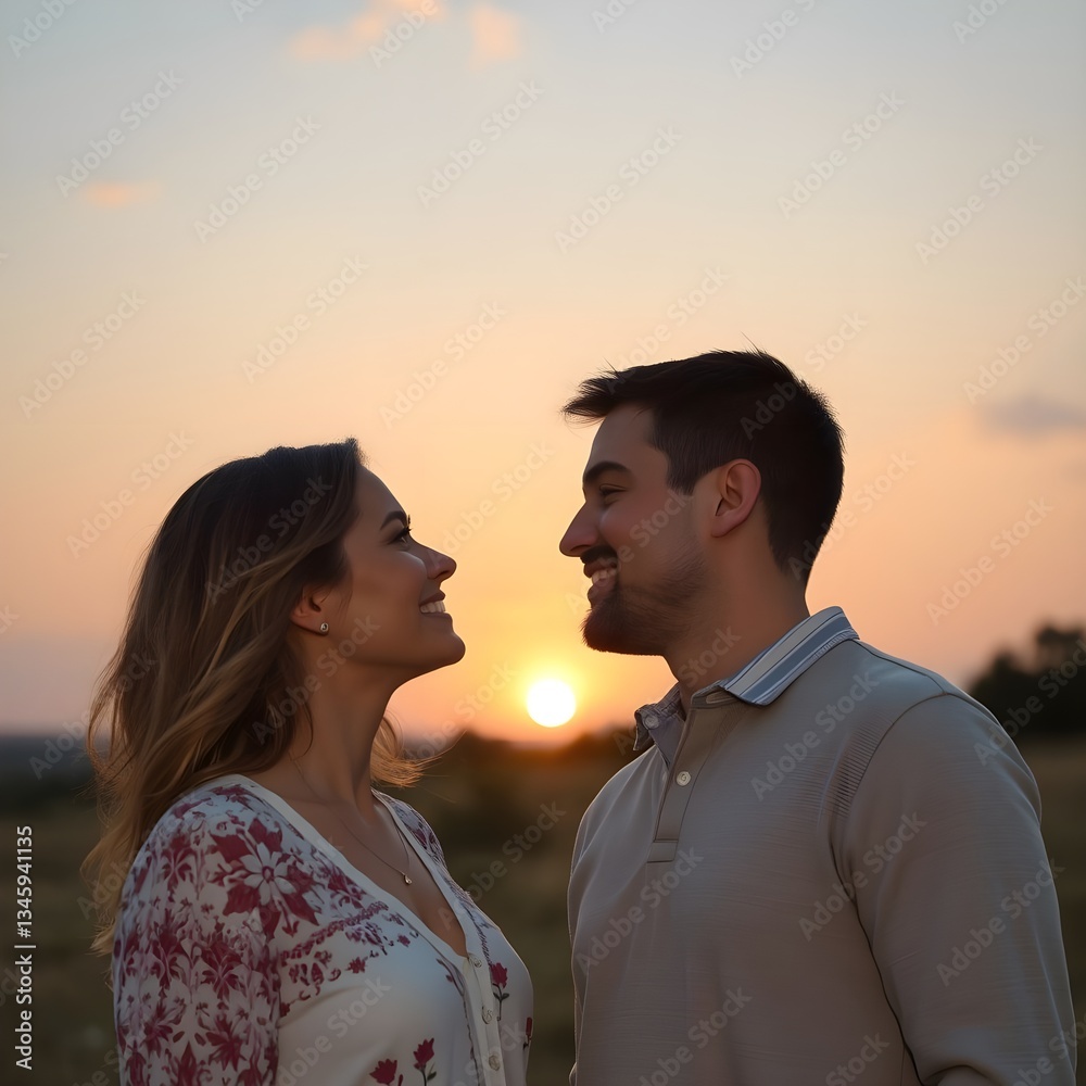 Hombre y mujer mirándose con ojos amorosos bajo el cielo por la noche cuando se pone el sol poniente Hombre y mujer mirándose con ojos amorosos bajo el cielo por la noche cuando se pone el sol poniente