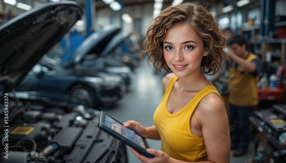 Fototapeta premium A woman is holding a tablet in a garage. She is smiling and she is happy. The garage is filled with cars