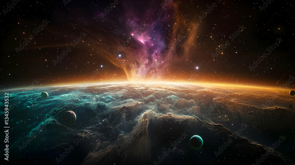 Fototapeta premium Abstract Cosmic Landscape Depicting A Glowing Nebula And Planets Against A Dark Space Background