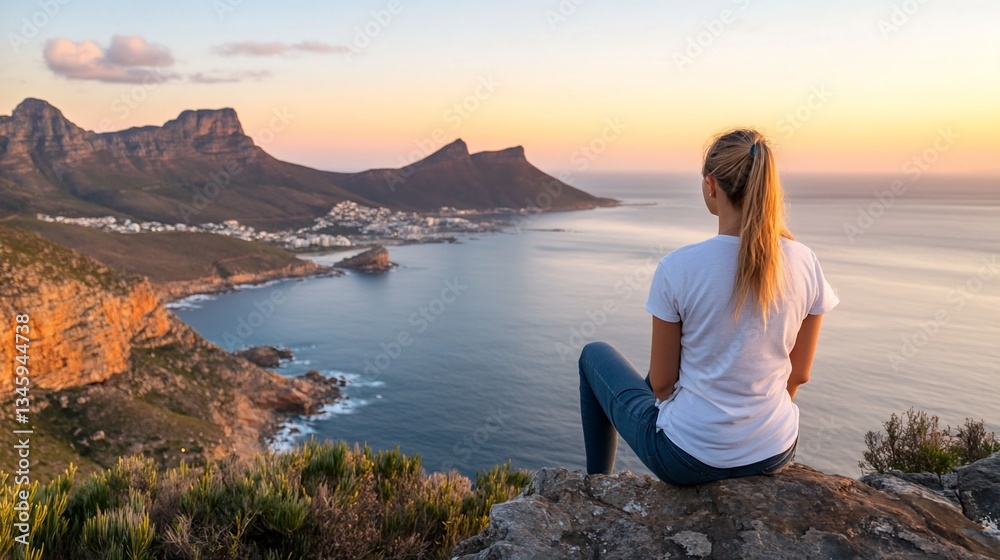 Woman enjoys sunset coastal view from clifftop Woman enjoys sunset coastal view from clifftop
