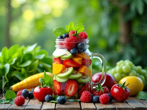 Fototapeta Naklejka Na Ścianę i Meble -  Fresh and colorful fruit salad in a jar