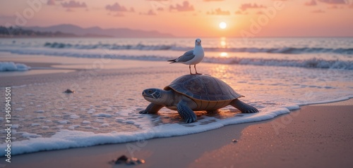 Tranquil Beach Sunset with Sea Turtle and Seagull on Sandy Shoreline Under Vibrant Sky: A Moment of Peace and Friendship