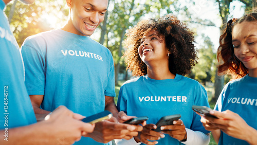 Volunteers, charity and team with phone, outdoor and communication for fundraising event or people. Happy, social responsibility and group with tech for donations, browsing and community service