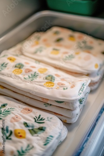 Close-up view of a tray filled with various cloths, ideal for use in product photography or textile displays