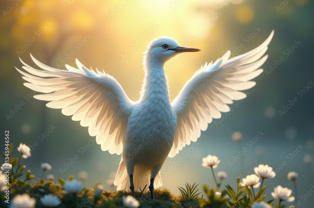 Obraz premium A majestic bird spreads its wings in a serene meadow, bathed in warm sunlight