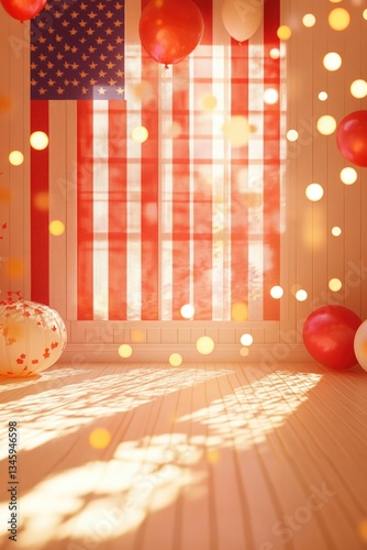 A decorated party room with balloons and a flag on the wall, perfect for celebrations or events