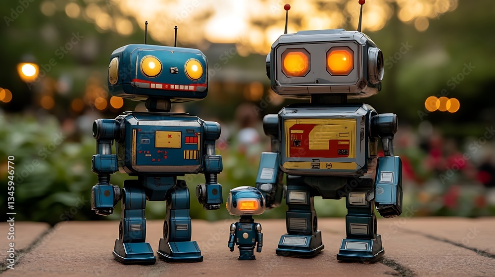 Fototapeta premium Robot Family Sunset Park Portrait.