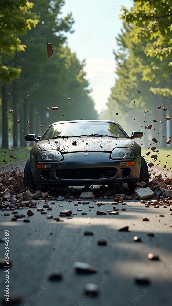 Fototapeta premium A car is crushed by debris on a road