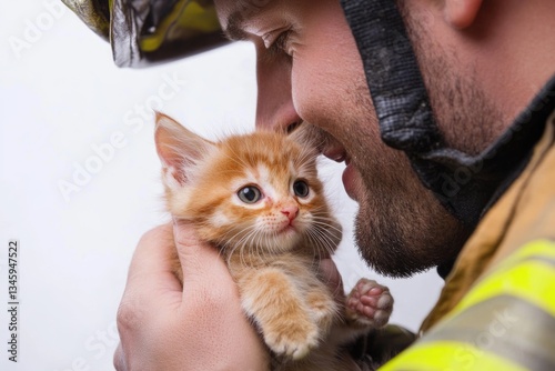 A heroic fireman saves a tiny kitten from danger, offering hope and comfort