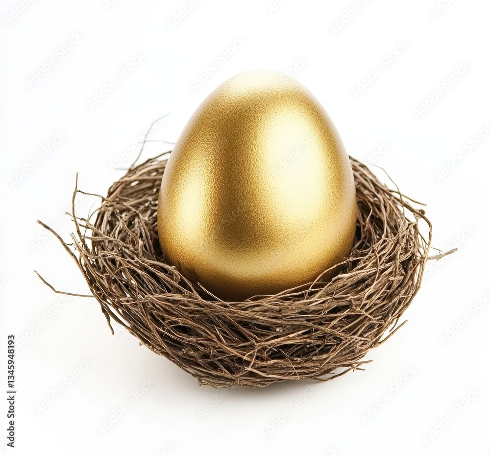 Golden Egg Nesting in Twigs on White Background, Symbolizing Wealth, Prosperity, and New Beginnings in Minimalistic Composition Golden Egg Nesting in Twigs on White Background, Symbolizing Wealth, Prosperity, and New Beginnings in Minimalistic Composition