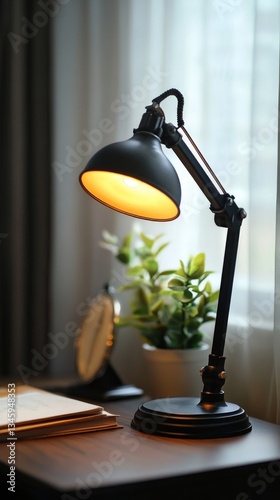 A simple desk lamp sitting on top of a wooden table, perfect for use in a home office or study