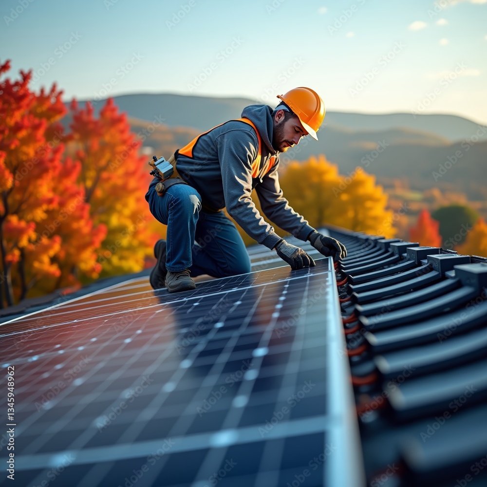 A man in a hard hat and safety vest, kneeling on a roof, installing solar panels A man in a hard hat and safety vest, kneeling on a roof, installing solar panels