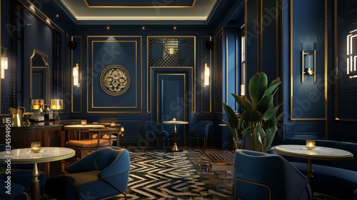 Elegant Navy Blue and Gold Lounge Interior Design