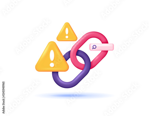dangerous and suspicious link concept. warning notification if the website address is not safe. illustration of a warning sign with a chain and a search field. symbol or icon. minimalist 3d style 