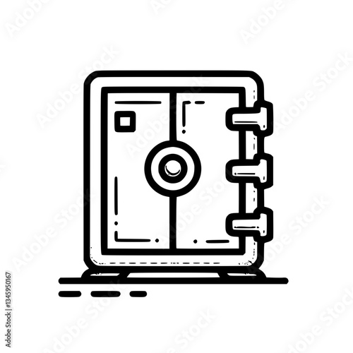 A bank vault door shown as a and line drawing Depicts security protection and access to valuable items stored inside