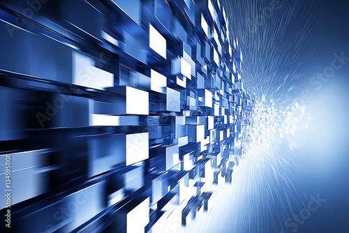 Abstract representation of digital motion with blue and white blocks creating a dynamic background