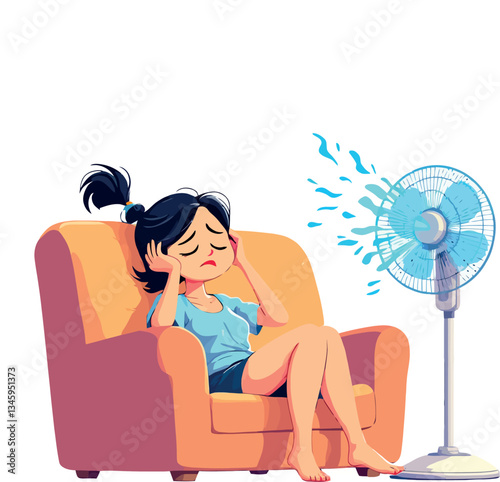 Vsai young woman suffering from summer heat, sitting on armchair with electric fan blowing water