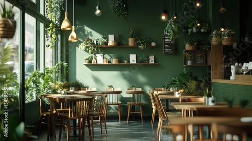 Sunny green cafe interior with plants