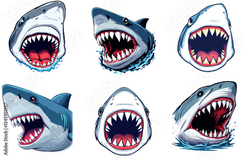 Vsai six angry sharks opening their jaws showing sharp teeth