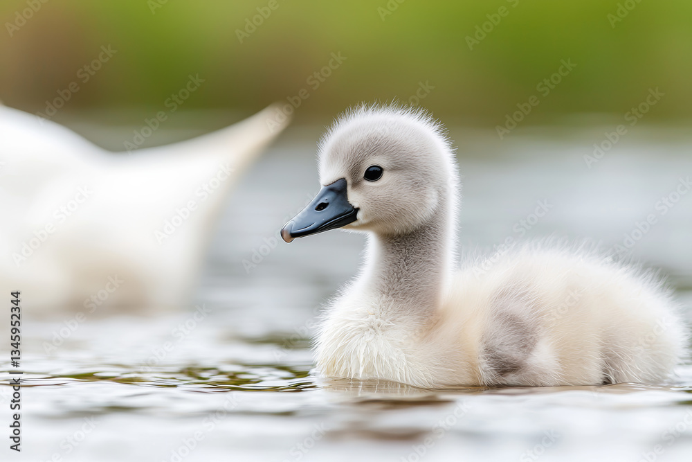 Elegant cygnet swims with downy fuzz, looking curious and bit apprehensive