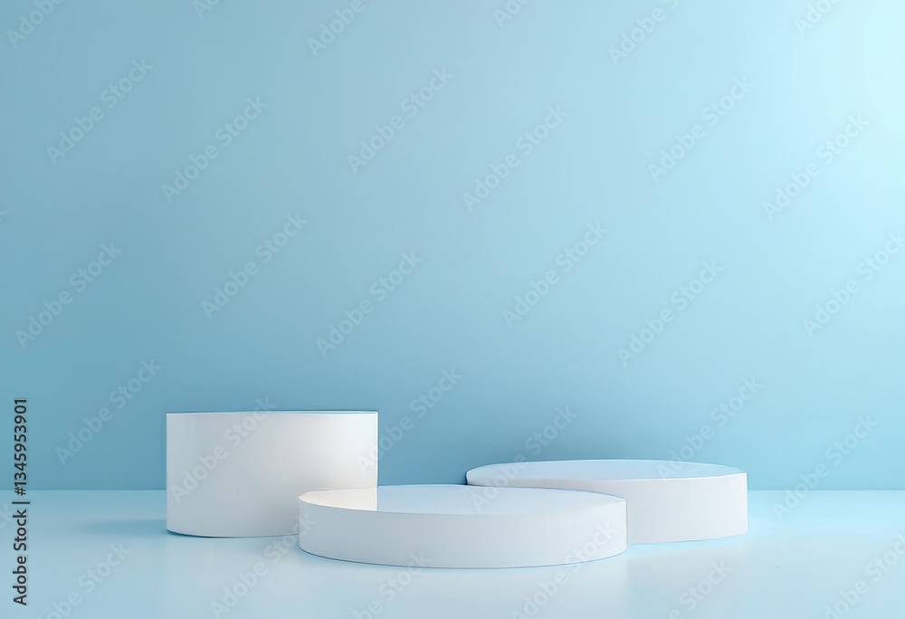 Minimal Product Display with White Pedestals on Light Blue Background Minimal Product Display with White Pedestals on Light Blue Background