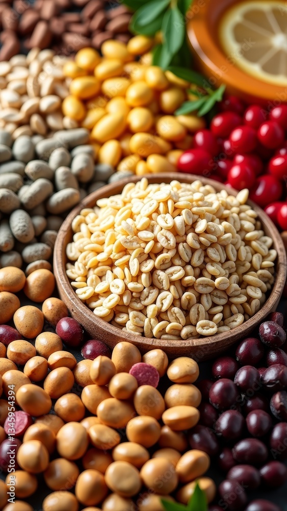 A bowl of roasted soybeans, surrounded by various nuts and fruits A bowl of roasted soybeans, surrounded by various nuts and fruits