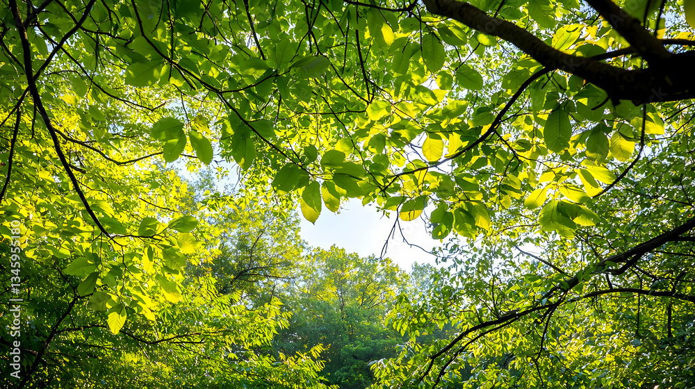 Fototapeta premium Vibrant Green Leaves Forming Canopy Illuminated By Sunlight With Bright Blue Sky Through Branches