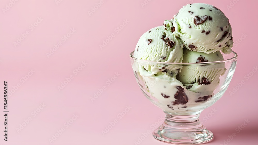 20. A close-up of mint chocolate chip ice cream in a glass bowl against a pastel pink backdrop