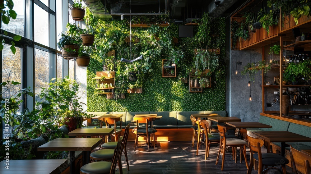 Naklejka premium Modern cafe with green wall and large windows. Interior design. Possible use Stock photo