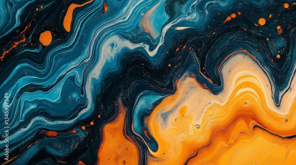 Obraz premium Psychedelic marbled pattern with vibrant bi-color separation in orange and blue ink, creating a dynamic and visually striking abstract design full of fluid motion and artistic expression.