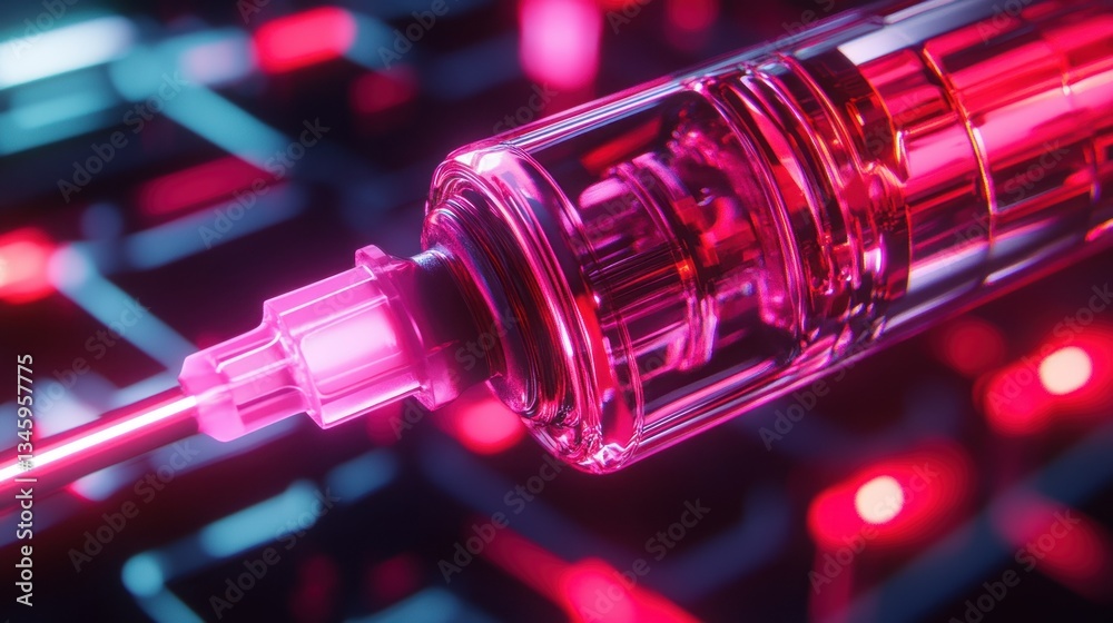A close up view of a glowing futuristic injection syringe A close up view of a glowing futuristic injection syringe
