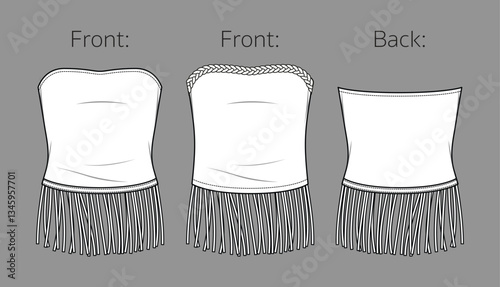 Vector woman strapless blouse sketch, sleeveless blouse fashion CAD, summer crop top technical sketch, female flat, template. Jersey or suede top with fringes and braid, front, back view, white color