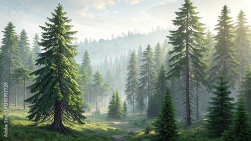 Tranquil forest landscape with morning sunlight
Scenic woodland illustration with misty atmosphere