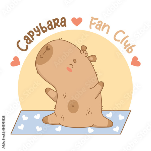 Cute capybara stretching on yoga mat. Kawaii animal sportsman yogi. Cool logo emblem Fan Club capibara. Funny meditation and fitness mascot character. Vector illustration