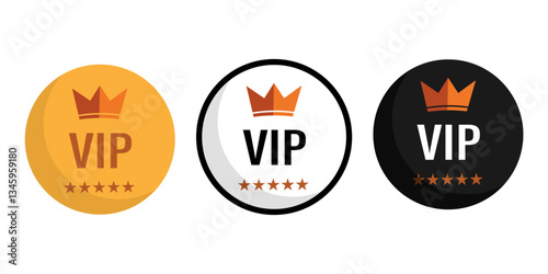 VIP text emblem. Crown rating badge. 5 five stars. Vector golden circle.