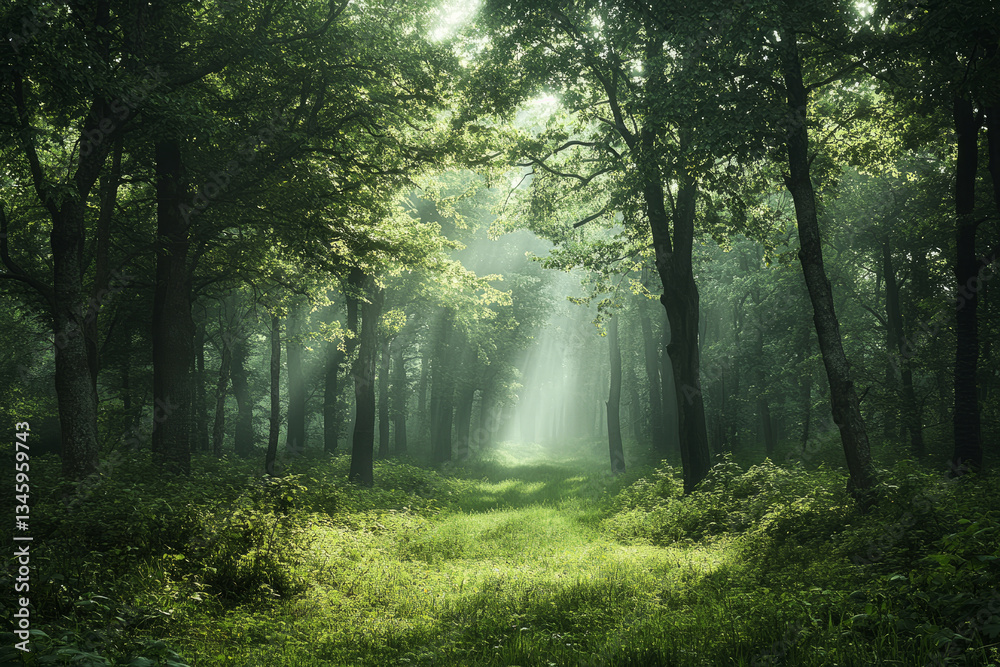 Obraz premium sunlight streaming through lush green forest pathway