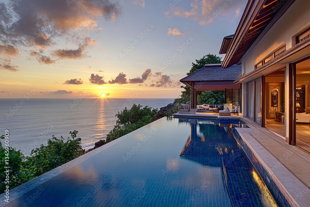 Obraz premium luxury infinity pool overlooking ocean at sunset