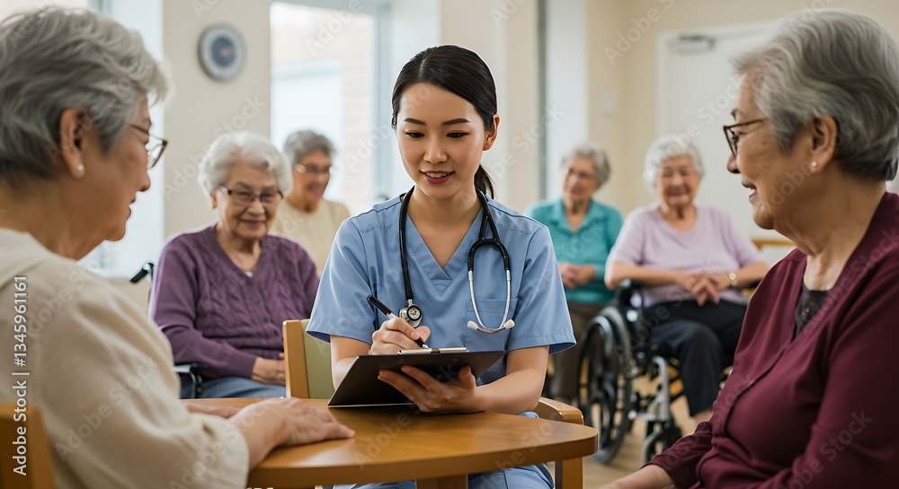 Fototapeta premium Nurse Taking Notes Talking to Senior Patients at Assisted Living Facility