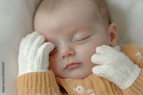A baby peacefully sleeps in a crib with his hands resting on his face, perfect for illustrations related to parenthood and family life