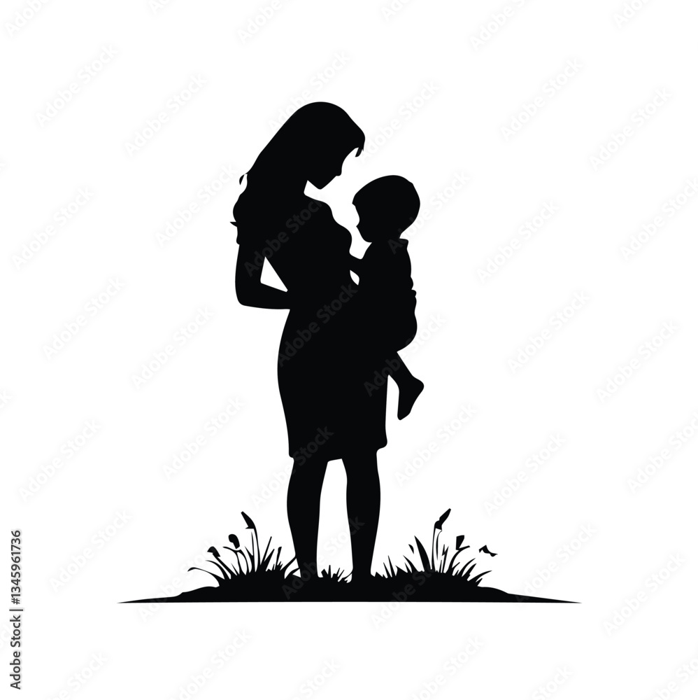 Loving Mother and Child Silhouette in a Grassy Setting Loving Mother and Child Silhouette in a Grassy Setting