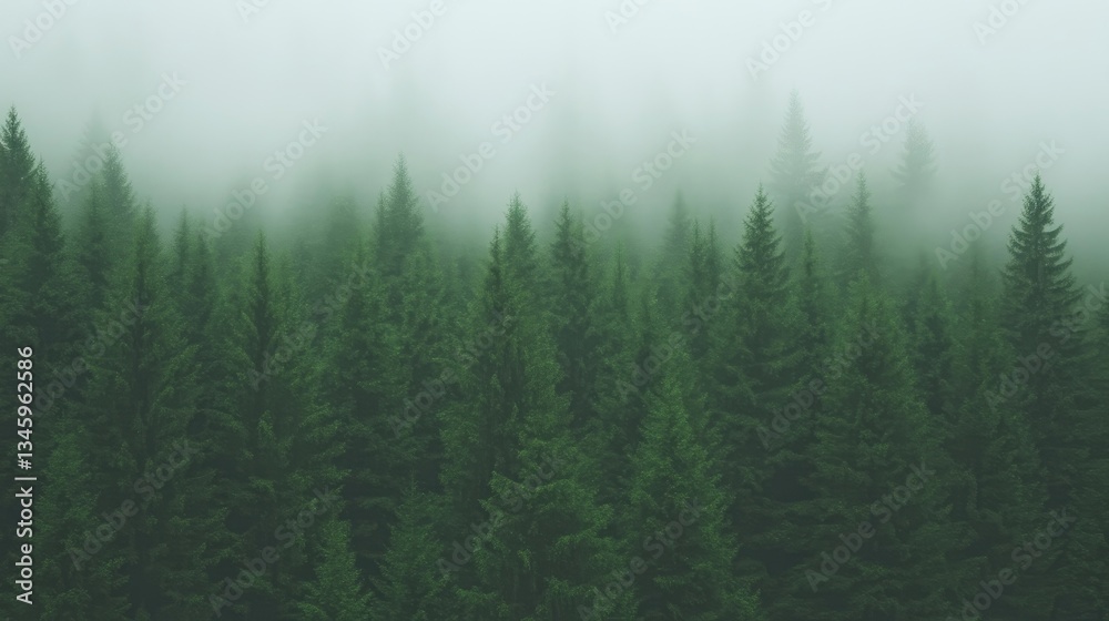 Fototapeta premium Misty forest canopy. Lush green trees shrouded in a soft, tranquil fog