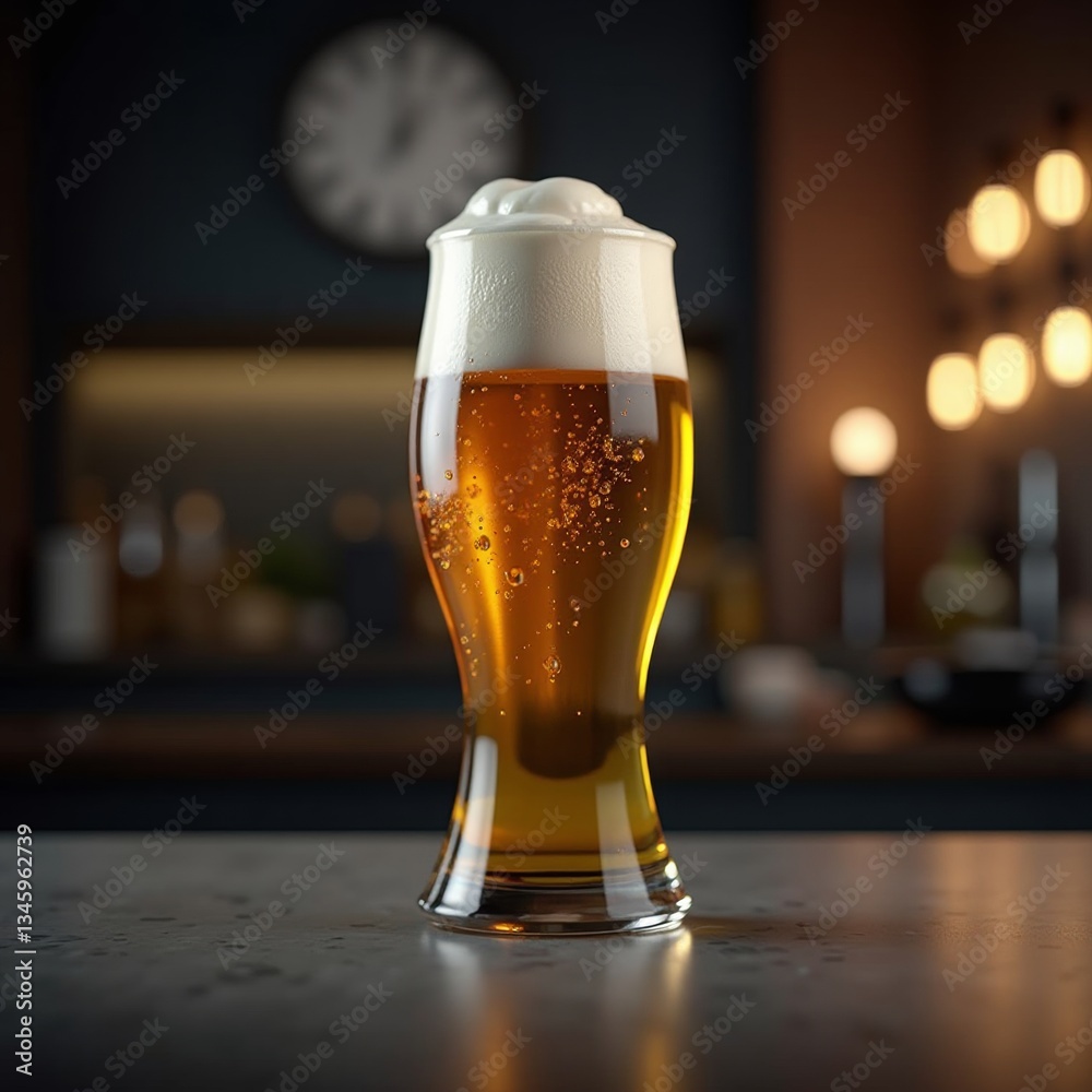 A refreshing glass of golden beer with a creamy foam head