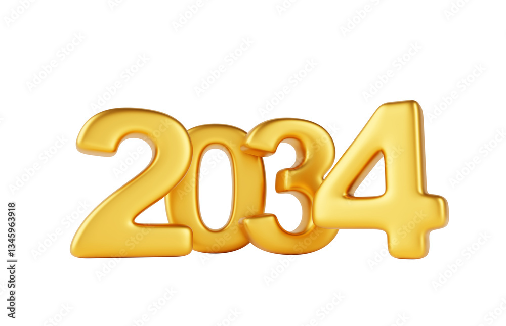 2034 Happy New Year golden number design on white background 3d render. Elegant gold metal font typography for poster, banner, calendar, greeting card and Christmas celebration 2034 2034 Happy New Year golden number design on white background 3d render. Elegant gold metal font typography for poster, banner, calendar, greeting card and Christmas celebration 2034