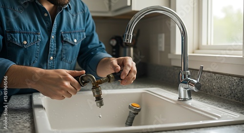 Plumber Repairing Kitchen Sink Faucet with Leaking Pipe Replacement Action