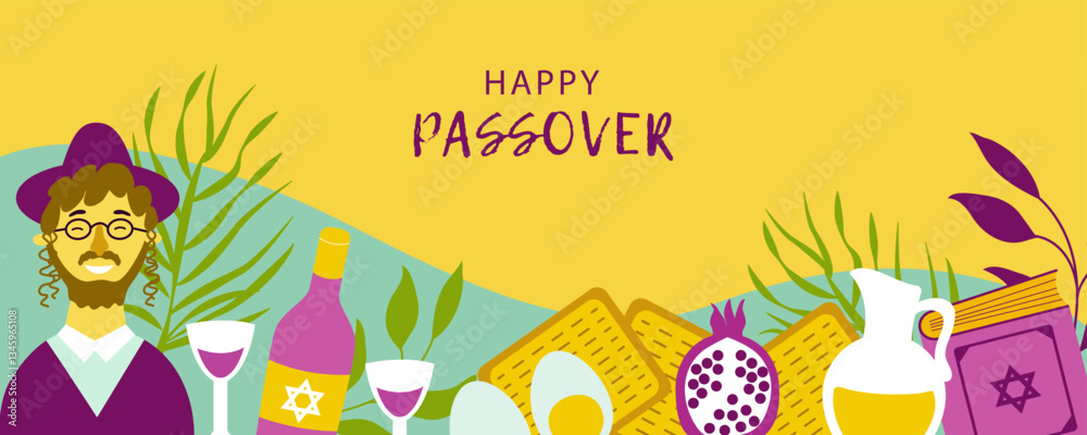 Fototapeta premium Happy Passover horizontal background for invitation, flyer, greeting card,poster.