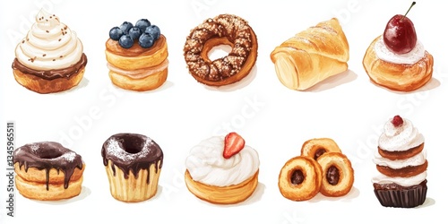 Decadent Delight: A visual feast of assorted, artistically rendered pastries, each a miniature masterpiece of culinary artistry. Showcasing the diversity of baked treats.