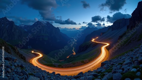 Gotthard Pass at night under clear skies, illuminated by soft moonlight. Winding roads contrast against dark mountain silhouettes, creating a peaceful Swiss alpine scene.