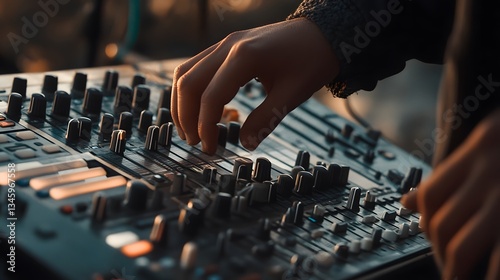 Sound engineer adjusting levels on audio mixing console during live performance